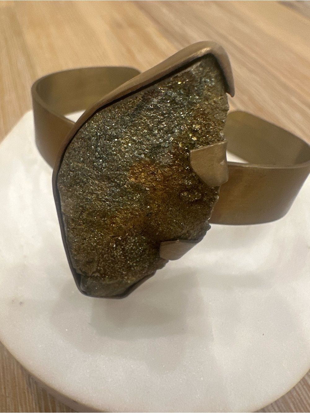 Raw Pyrite Druzy Statement Open-Cuff Brass Bracelet - Picture 3 of 4